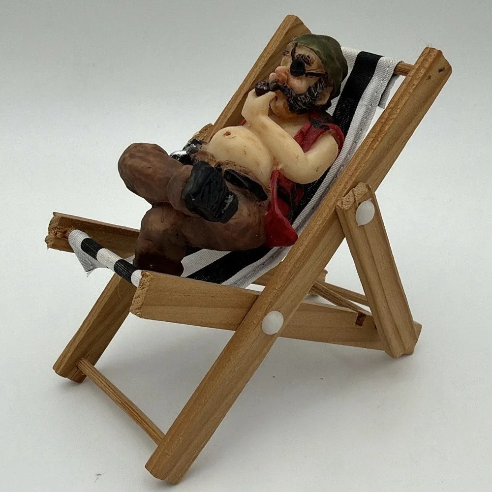 Vintage Pirate Figurine Miniature Hammock Pipe Nautical Decor Resin Wood